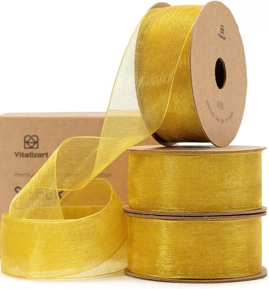 Vitalizart Gold Organza Ribbon for Gift Wrapping 1 inch x 30 Yd 3 Rolls *10Yd Extra Density Sheer Fabric Christmas Card Supplies Crafts Bows Tree Decor Wedding Wreaths Wrap