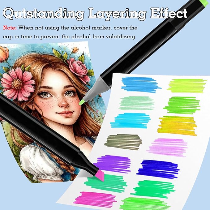 Cautyfky 100 Colors Dual Tip Alcohol Markers, Dual Tips Art Markers, Permanent Sketch Marker Set for Adults Coloring, Painting, Sketching, Illustrations