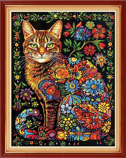 Foxhool Stamped Cross Stitch Kits,11CT Printed Cross Stitch Pattern Full Embroidery Kits for Beginner Needlepoint Kits-Colorful Cat Flowers 16x20 inchs