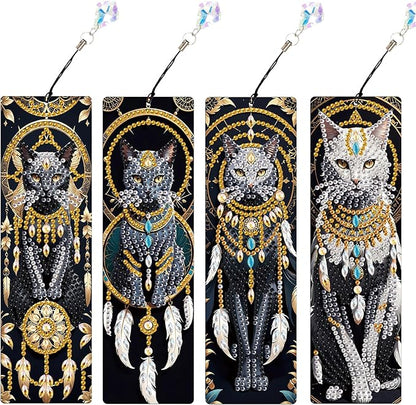 4-Piece Dreamcatcher Cat Diamond Painting Bookmarks Set for Adults – DIY 5D Rhinestone Art Bookmark Kits with Tassels, Beautiful Diamond Art Bookmarks for Crafts and Gifts