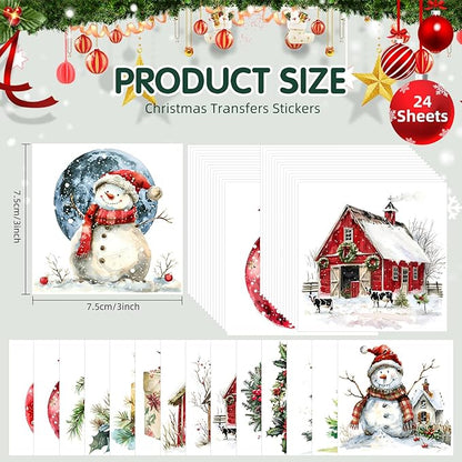 24 Sheets Vintage Christmas Rub On Transfers for Crafts, Rub On Transfers Christmas for Wood，Furniture Decals, Glass, Porcelain, Leather, Canvas, Fabric Projects,3 * 3inch(Cute Christmas)