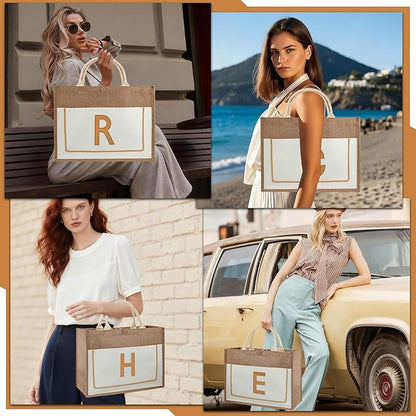 DIY Personalized Canvas Tote Bag with Embroidery Kit, Sturdy Jute Craft Bag with Front Pocket & Water-Resistant Lining, Customizable Gift Tote for Women, Everyday Use, Beach, Work, Groceries (H)
