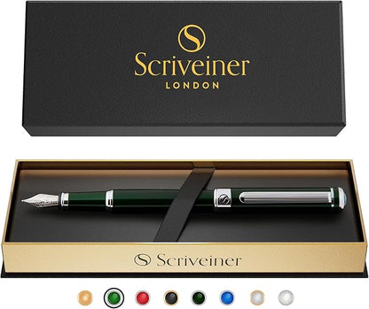 Scriveiner British Racing Green Fountain Pen - Stunning Luxury Pen with Chrome Finish, Schmidt Nib (Fine), Best Pen Gift Set for Men & Women, Professional, Executive, Office, Nice Pens