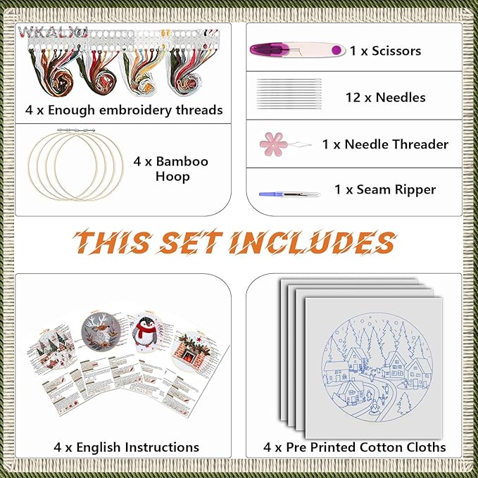 WKALXJ 4 Sets Christmas Embroidery Kits for Adults, Embroidery Kit for Beginners, Cross Stitch Kits for Beginners with Pattern, Needles, Threads, Tools (Resort+Penguin+Fireplace+Elk)