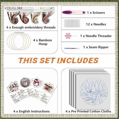 WKALXJ 4 Sets Christmas Embroidery Kits for Adults, Embroidery Kit for Beginners, Cross Stitch Kits for Beginners with Pattern, Needles, Threads, Tools (Resort+Penguin+Fireplace+Elk)