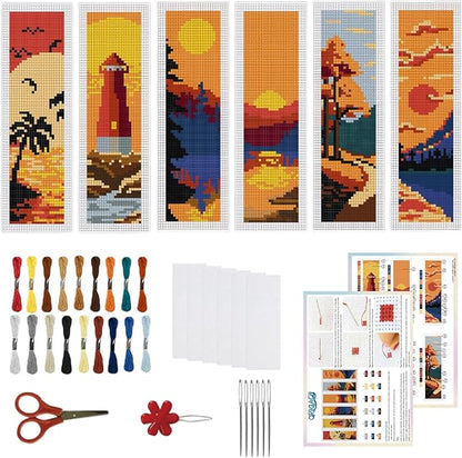 ORIGACH 6 Pcs Cross Stitch Bookmark Kit for Beginner Adults, Sunset Landscapes Stamped Embroidery Bookmark Kit with Instruction for Starters Printed Cross Stitch DIY Kits for Book Lovers