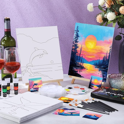 Cholemy 36 Pcs Valentine Paint and Sip Kit for Adults 8''x10'' Pre Drawn Canvas for Painting DIY Afro Acrylic Painting Kit Wood Easel Brushes Date Night Bulk for Party Gifts(Sunset Style)