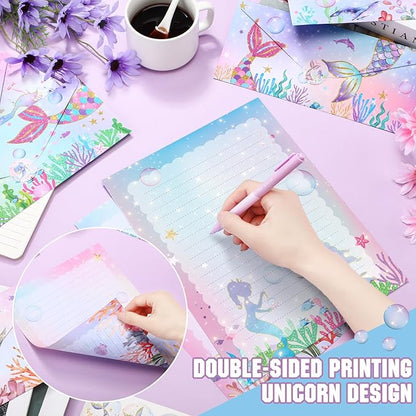 TaoBary 160 Pcs Stationery Paper Set 50 Double Sided Stationery Papers with 50 Matching Envelopes and 60 Round Dot Sticker, 10 Design(Mermaid,8.5 x 11 Inch)