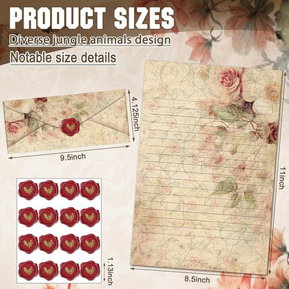 TaoBary 160 Pcs Stationery Paper Set 50 Double Sided Stationery Papers with 50 Matching Envelopes and 60 Round Dot Sticker, 10 Design(Vintage Floral,8.5 x 11 Inch)