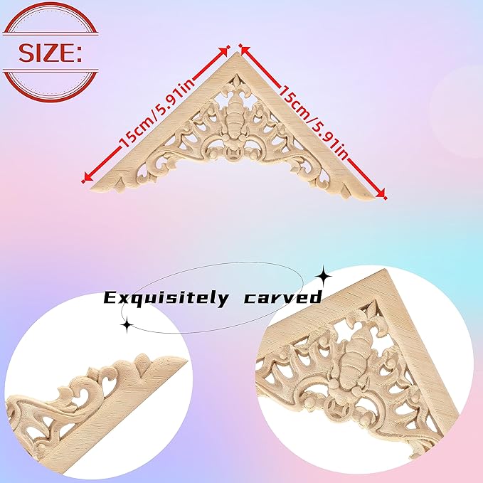 4PCS Corner Wooden Carving Decal Unpainted Wood Appliques Onlays DIY Wood Carved Furniture Appliques Onlays for Wall Bed Door Wardrobe Cabinet Furniture Decoration(06,15x15cm/5.91x5.91inch)