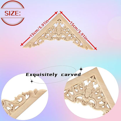 4PCS Corner Wooden Carving Decal Unpainted Wood Appliques Onlays DIY Wood Carved Furniture Appliques Onlays for Wall Bed Door Wardrobe Cabinet Furniture Decoration(06,15x15cm/5.91x5.91inch)