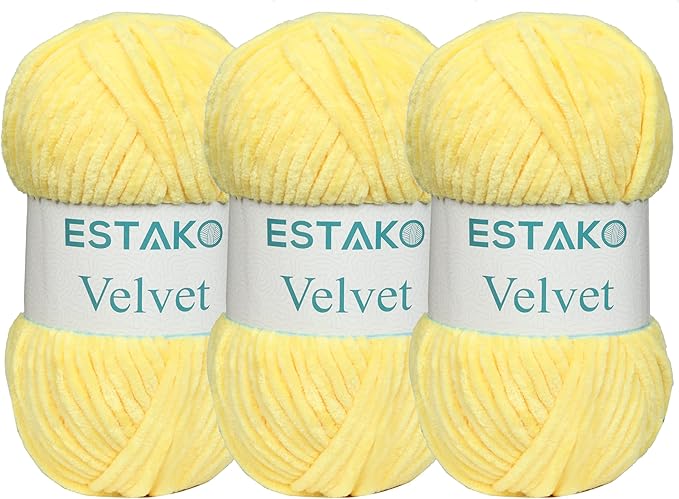 Estako Velvet (3- Skeins Pack) Chenille Blanket amigurumi Yarn for Crocheting and Knitting Super Bulky 3x100 gr (3x132 yds) (1850 - Yellow)