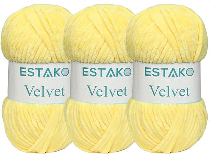 Estako Velvet (3- Skeins Pack) Chenille Blanket amigurumi Yarn for Crocheting and Knitting Super Bulky 3x100 gr (3x132 yds) (1850 - Yellow)