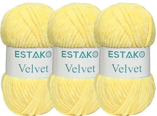 Estako Velvet (3- Skeins Pack) Chenille Blanket amigurumi Yarn for Crocheting and Knitting Super Bulky 3x100 gr (3x132 yds) (1850 - Yellow)