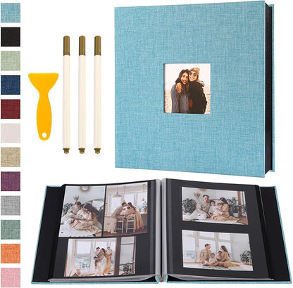 Self Adhesive Photo Album Black Pages Scrapbook Magnetic Photo Albums for 4x6 5x7 8x10 Pictures Books with Sticky Pages with A Metallic Pen for Baby Family Wedding 13.2x12.8 LightBlue 120 Pages