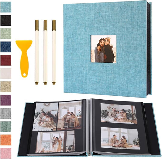 Self Adhesive Photo Album Black Pages Scrapbook Magnetic Photo Albums for 4x6 5x7 8x10 Pictures Books with Sticky Pages with A Metallic Pen for Baby Family Wedding 13.2x12.8 LightBlue 120 Pages