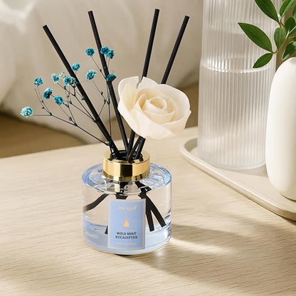 Airkeep Flower Reed Diffusers Set, 5.07 oz Wild Mint&Eucalyptus Scented Oil Diffuser with 8 Reed Sticks, Home Fragrance Diffuser Gift Set for Bathroom & Office Decor 150ml
