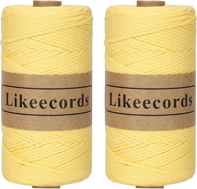 2 Skeins of 100% Cotton Crochet Bag Cord 2mm x 170m Macrame Cord 2mm Crochet Thread Macrame Rope Gift for Knitter (Lemon Yellow)