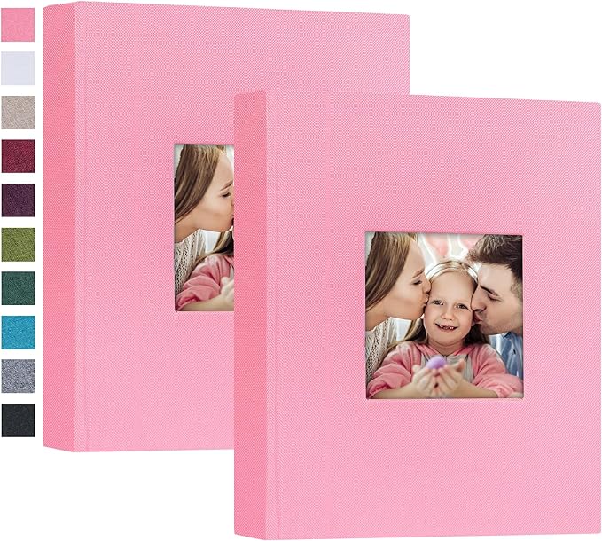 Mublalbum 2 Pack Small 5x7 Photo Album Linen Cover with Display Window Mini Picture Book Each Holds 52 Vertical Pockets for Artwork Postcards or Pictures Storage (Pink)