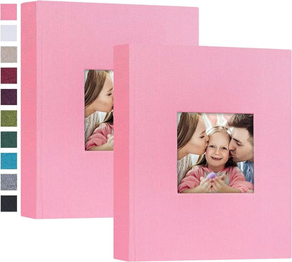 Mublalbum 2 Pack Small 5x7 Photo Album Linen Cover with Display Window Mini Picture Book Each Holds 52 Vertical Pockets for Artwork Postcards or Pictures Storage (Pink)