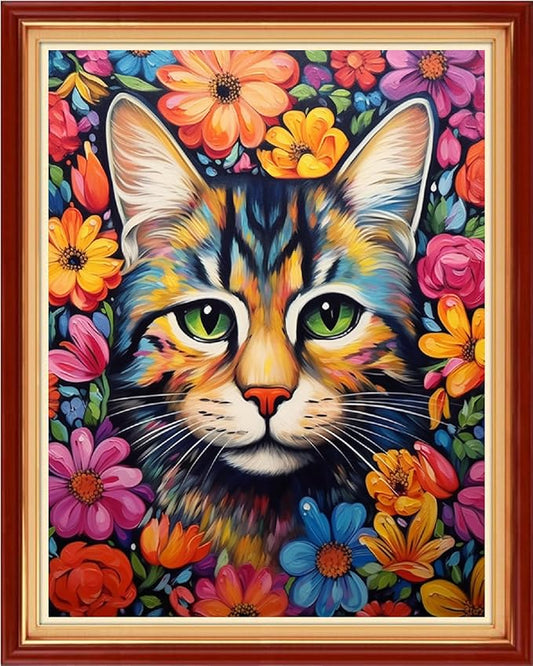 Dimxvean Stamped Cross Stitch Kits,Cross Stitch Kits for Adults Beginners,Embroidery Kits Full Range of Cross Stitch Stamped Kits Needlepoint Kits Cross Stitch Patterns-Cat Flowers 16x20 inch