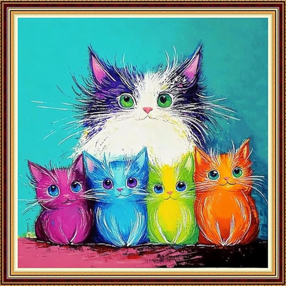 Funart Stamped Cross Stitch Kits for Beginners Full Range of Cross Stitching Preprinted Embroidery Kits for Adults, 11CT Embroidery Pattern Needlepoint Kits-Colorful Cat Family 18x18 inch