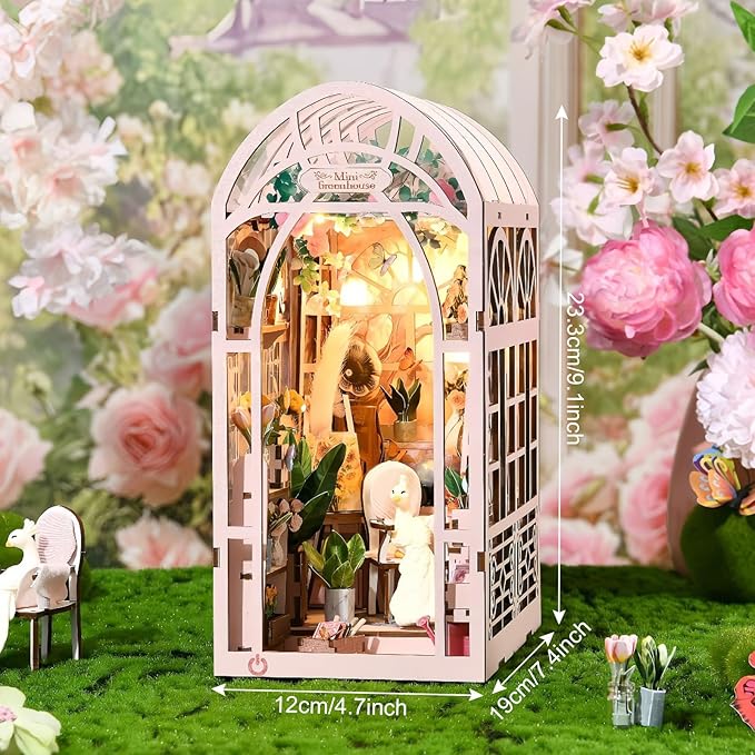 Foyucool DIY Book Nook Kit, Miniature Bookshelf Decor with LED Lights, Laser-Cut Wooden Craft Set for Adults, Creative Gift for Christmas, Birthday, Greenhouse Flower Room