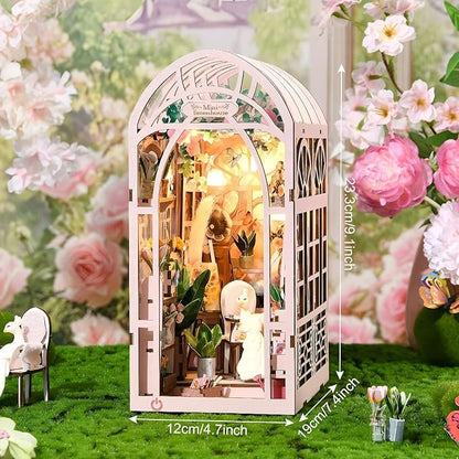 Foyucool DIY Book Nook Kit, Miniature Bookshelf Decor with LED Lights, Laser-Cut Wooden Craft Set for Adults, Creative Gift for Christmas, Birthday, Greenhouse Flower Room