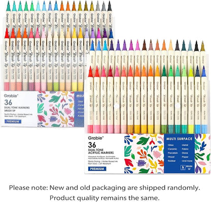 Grabie 72 Colors Acrylic Paint Markers, Soft Brush Tip Acrylic Markers Set, Water Based Acrylic Markers for Wood, Fabric, Canvas, Glass, Stone, Rock Painting and DIY Crafts Art Supplies, Set of 36