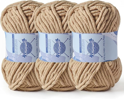 Chunky Chenille Yarn for Crocheting，Baby Yarn for Crocheting Soft Blankets，Bulky Yarns for Crochet Amigurumi，3×100g (3×74.3yds) Fluffy Velvet Yarns for Hand Knitting (3 Khaki)