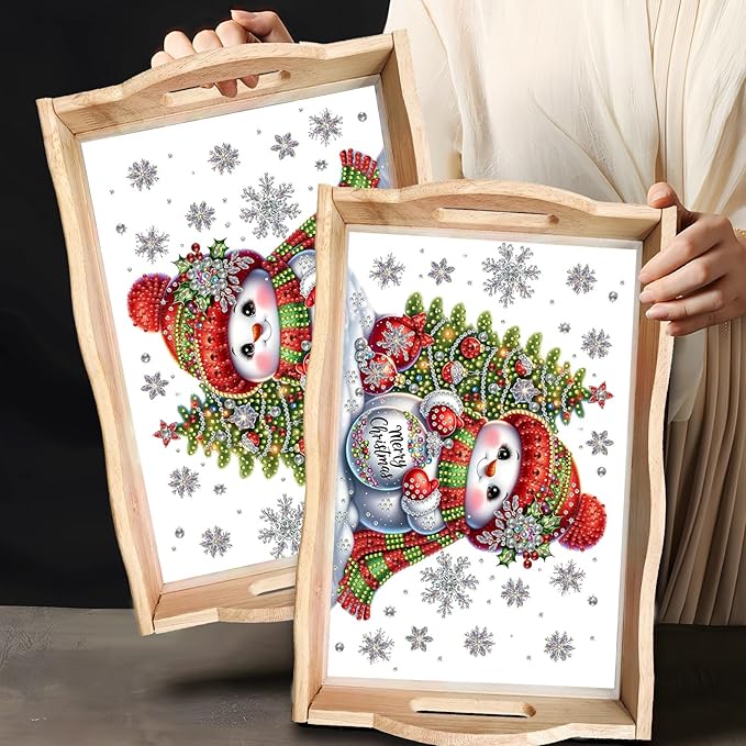 DIY Diamond Art Painting Wooden Tray Kit With Handle, Food Tray for Breakfast, Bar Dinner Table Decoration, Diamond Dots Gem Painting Art Set for Beginners-Snowman2