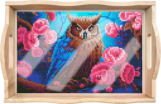 FGbaby DIY 5D Flowers Owl Diamond Painting Wood Serving Tray with Handles Diamond Art Decorative Serving Trays Wooden Tray for Breakfast in Bed, Patio, BBQ, Coffee Table, Party –Great for Lap & Couch