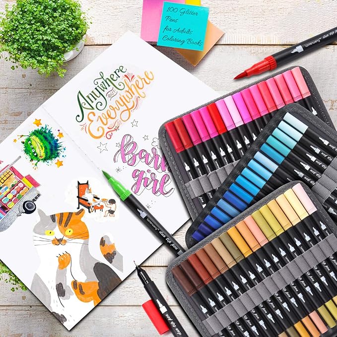 LANRENWENG 100 Colors Duo Tip Brush Markers Art Pen Set, Fine Brush Tip Colored Pens Set with Canvas Bag,Adult Coloring Books Drawing Sketching Calligraphy
