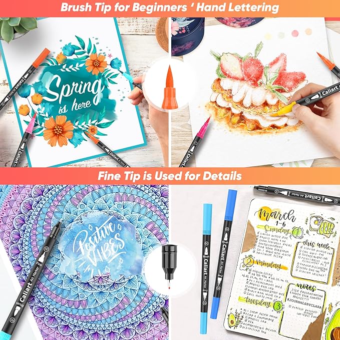 Caliart 72 Colors Double Tip Brush Pens Art Markers, Artist Fine & Brush Pen Coloring Markers for Adult Book Cards Drawing Craft Kit Teacher Office Supplies