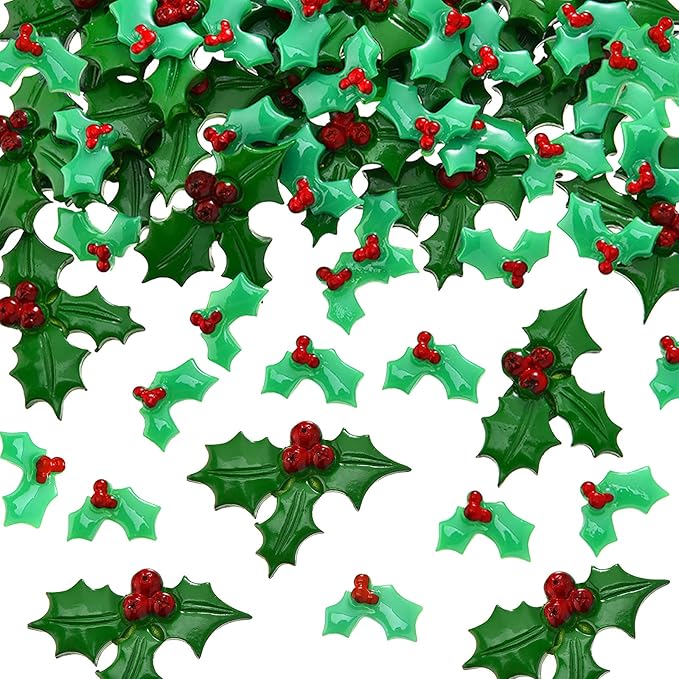 50 Pieces Holly Berries Christmas Embellishments Flatback Green Leaves Resin Charms Cute Charms Wreath Making Supplies Handmade Art Craft for Christmas Cards DIY Garland Scrapbook Decor