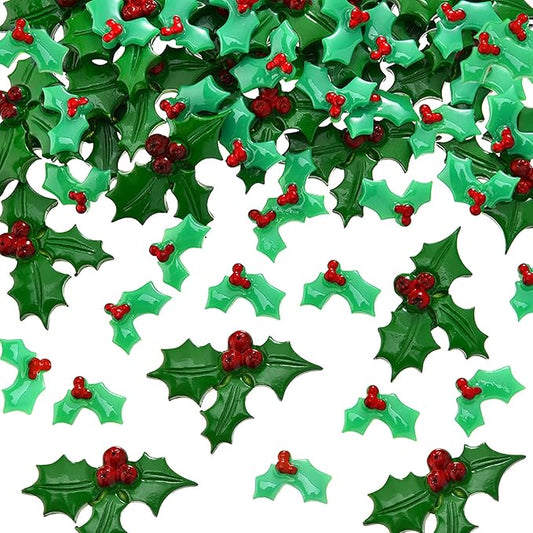 50 Pieces Holly Berries Christmas Embellishments Flatback Green Leaves Resin Charms Cute Charms Wreath Making Supplies Handmade Art Craft for Christmas Cards DIY Garland Scrapbook Decor