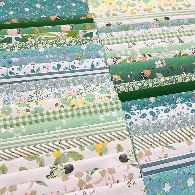 42Pcs 25cmx 25cm Cotton Fabric DIY Making Supplies Quilting Patchwork Fabric Fat Quarter Bundles DIY for Quilting Cotton Patchwork Cushions (Green Flowers)