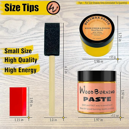 LAOBIAO Wood Burning Paste Beeswax Kit, 1 Jar Wood Burning Gel with 1 Jar Beeswax Paste, 2 Foam Paint Brushes and Squeegees for DIY Arts and Crafting & Stencil Wood Burning