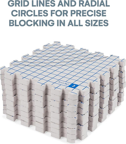 KnitIQ Pack of 9 Blocking Mats for Knitting and Crochet - Extra Thick Crochet Blocking Board with Grid Lines, 150 T-Pins, and Storage Bag - Interlocking Designs - Heat and Steam Resistant