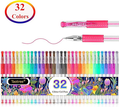 Taotree Glitter Gel Pens, 32 Colors Neon Glitter Pens Fine Tip Art Markers Set 40% More Ink Colored Gel Markers for Adult Coloring Book, Drawing Art Supplies, Scrapbook, Journaling, Sparkle Gifts