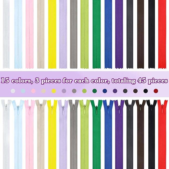 Zippers for Sewing 8 Inch, DOITEM 45pcs 20cm/8 Inch Invisible Multicolor Nylon Coil Zippers for Sewing and Crafts 15 Colors