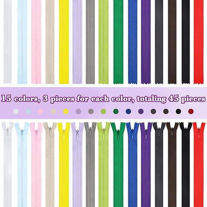 Zippers for Sewing 8 Inch, DOITEM 45pcs 20cm/8 Inch Invisible Multicolor Nylon Coil Zippers for Sewing and Crafts 15 Colors