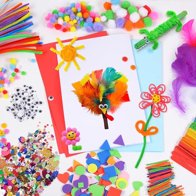 Phinus Craft Supplies Set - 9 Types of Arts & Crafts Materials, Unisex, 1000+ Pcs Kit, Suitable for Classroom, Family, Party, DIY, Art Creation & Decoration