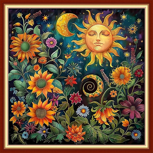 Funchey Stamped Cross Stitch Kits, DIY Cross Stitch Pattern for Adults Beginners Needlepoint Kits Embroidery Kit Arts and Crafts 11CT& Magic Sun Moon Flowers 18x18 inchs