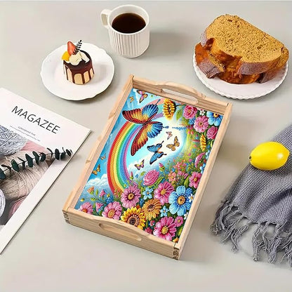 DoxQcs DIY Diamond Art Wooden Tray Kit Easter Food Tray with Handle Diamond Painted Table Decoration Tray for Breakfast Bar Dinner Table Diamond Art Painting for Beginners-#07-Rainbow Butterfly Bush