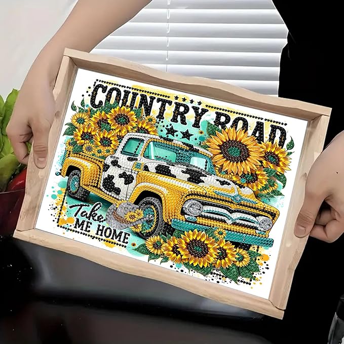 DoxQcs DIY Diamond Art Wooden Tray Kit Easter Food Tray with Handle Diamond Painted Table Decoration Tray for Breakfast Bar Dinner Table Diamond Art Painting for Beginners-#02-Sunflower Car