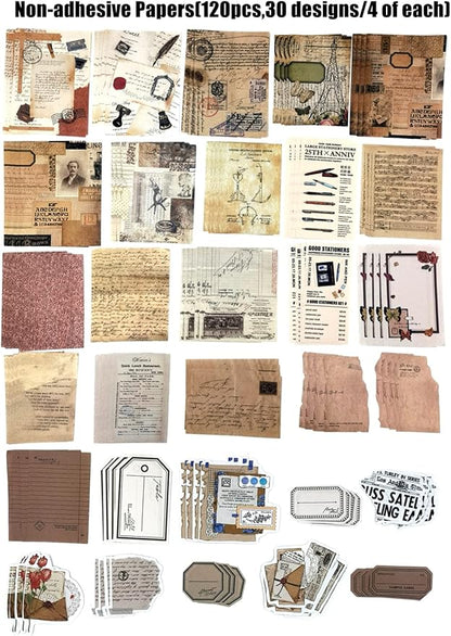 Esweny 260PCS Vintage Journaling Scrapbooking Supplies Scrapbook Sticker Paper Ephemera Pack for Junk Journal Planners Collage Craft Notebooks Album (Pen Ink and Letter)