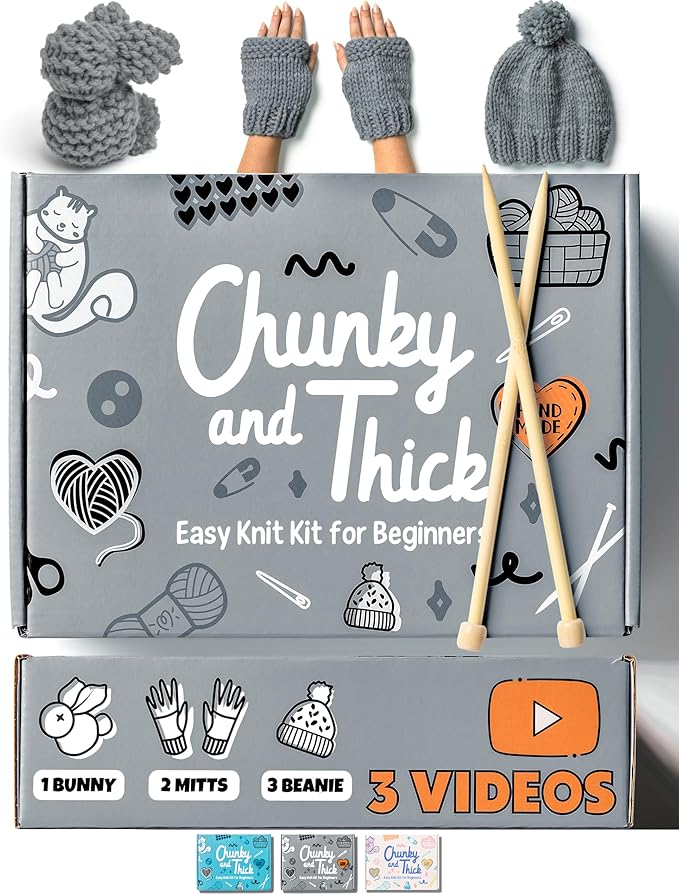 Complete Knitting Kit for Beginners - Learn to Knit Kit with Knitting Accessories Like Thick Beginner Yarn in Gray, Bamboo Needles for Beginners & More - Includes Video Tutorials & Written Guide