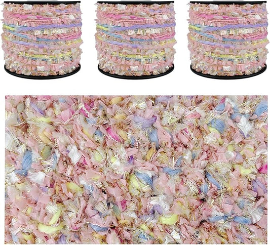 Artisanal Yarn Collection Multifiber Fancy Yarn with Golden Glitter Threads for Knitting Crocheting Crafts DIY, Set of 3 Rolls (Candy Pink)