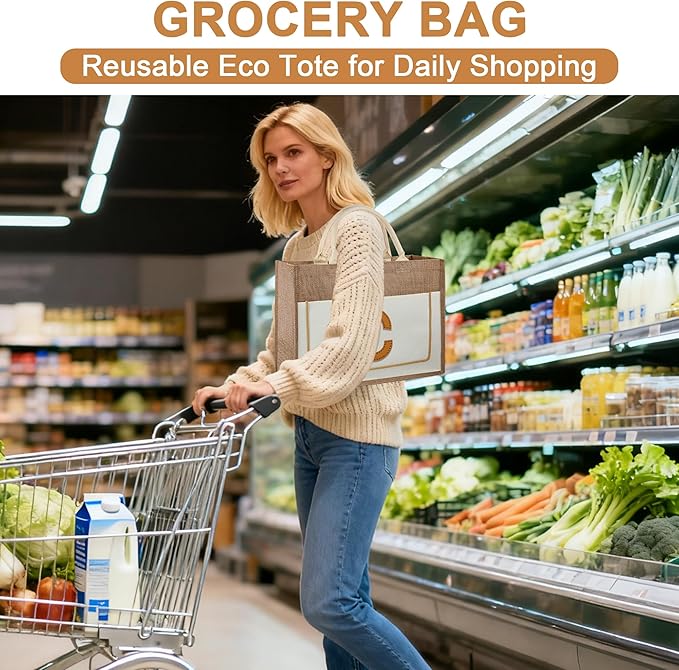 DIY Personalized Canvas Tote Bag with Embroidery Kit, Sturdy Jute Craft Bag with Front Pocket & Water-Resistant Lining, Customizable Gift Tote for Women, Everyday Use, Beach, Work, Groceries (C)